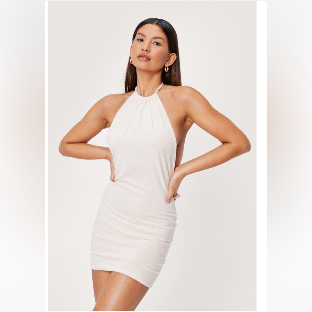 New Nasty Gal Towelling Ruched Halter Mini Beach Cover Up Dress